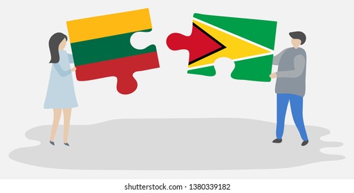 Couple holding two puzzles pieces with Lithuanian and Guyanese flags. Lithuania and Guyana national symbols together.