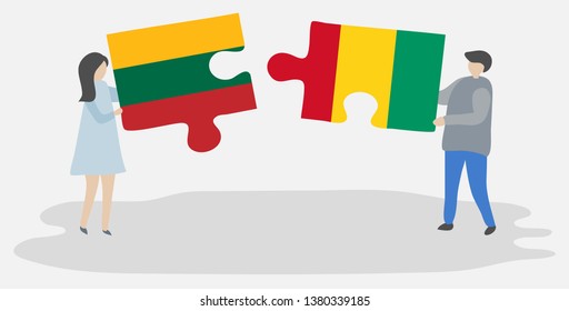 Couple holding two puzzles pieces with Lithuanian and Guinean flags. Lithuania and Guinea national symbols together.