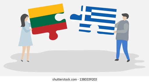 Couple holding two puzzles pieces with Lithuanian and Greek flags. Lithuania and Greece national symbols together.