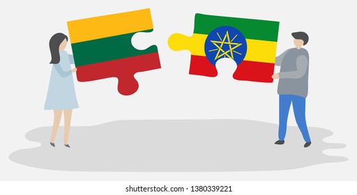 Couple holding two puzzles pieces with Lithuanian and Ethiopian flags. Lithuania and Ethiopia national symbols together.