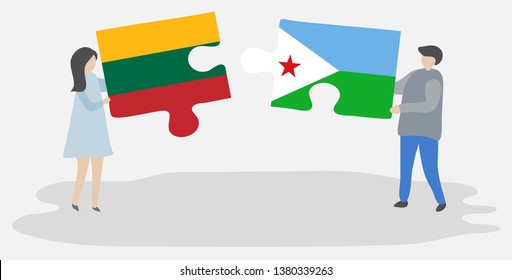Couple holding two puzzles pieces with Lithuanian and Djiboutian flags. Lithuania and Djibouti national symbols together.