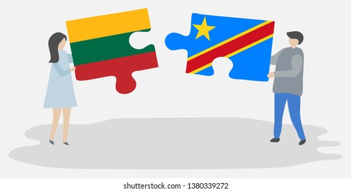 Couple holding two puzzles pieces with Lithuanian and Congolese flags. Lithuania and Democratic Republic of the Congo national symbols together.