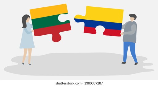 Couple holding two puzzles pieces with Lithuanian and Colombian flags. Lithuania and Colombia national symbols together.