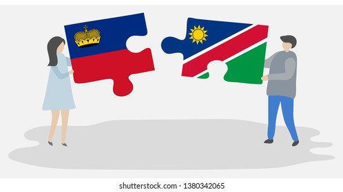 Couple holding two puzzles pieces with Liechtenstein and Namibian flags. Liechtenstein and Namibia national symbols together.