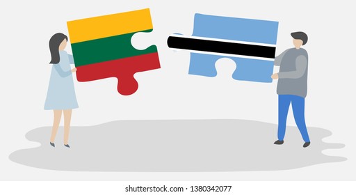 Couple holding two puzzles pieces with Lithuanian and Motswana flags. Lithuania and Botswana national symbols together.