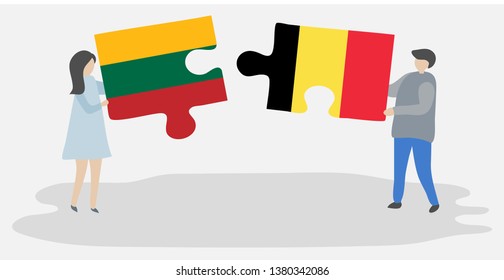 Couple holding two puzzles pieces with Lithuanian and Belgian flags. Lithuania and Belgium national symbols together.