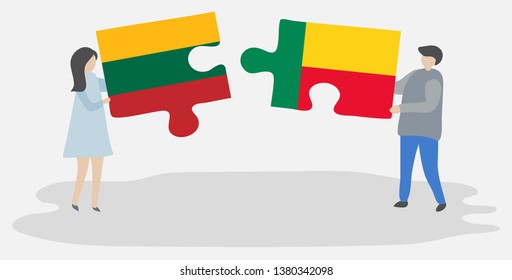 Couple holding two puzzles pieces with Lithuanian and Beninese flags. Lithuania and Benin national symbols together.
