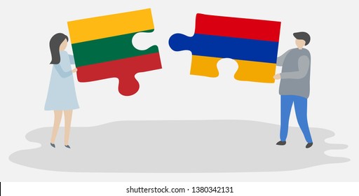 Couple holding two puzzles pieces with Lithuanian and Armenian flags. Lithuania and Armenia national symbols together.