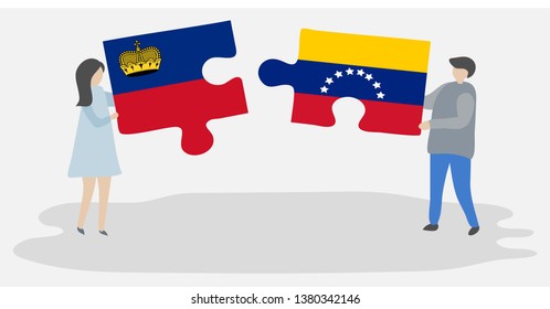 Couple holding two puzzles pieces with Liechtenstein and Venezuelan flags. Liechtenstein and Venezuela national symbols together.