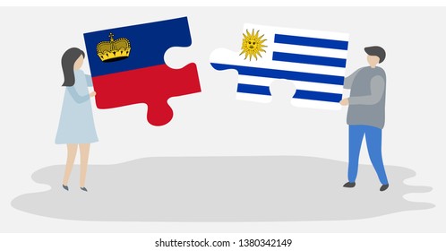 Couple holding two puzzles pieces with Liechtenstein and Uruguayan flags. Liechtenstein and Uruguay national symbols together.