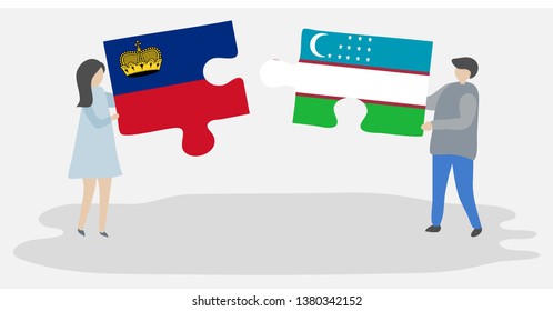 Couple holding two puzzles pieces with Liechtenstein and Uzbek flags. Liechtenstein and Uzbekistan national symbols together.