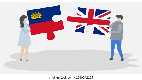Couple holding two puzzles pieces with Liechtenstein and British flags. Liechtenstein and United Kingdom national symbols together.
