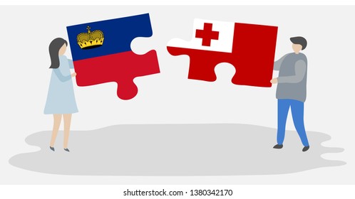 Couple holding two puzzles pieces with Liechtenstein and Tongan flags. Liechtenstein and Tonga national symbols together.