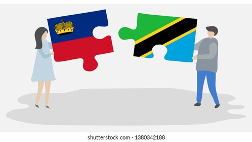 Couple holding two puzzles pieces with Liechtenstein and Tanzanian flags. Liechtenstein and Tanzania national symbols together.