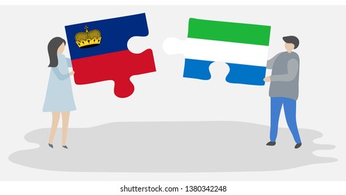Couple holding two puzzles pieces with Liechtenstein and Sierra Leonean flags. Liechtenstein and Sierra Leone national symbols together.