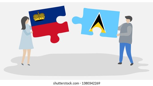 Couple holding two puzzles pieces with Liechtenstein and Saint Lucian flags. Liechtenstein and Saint Lucia national symbols together.