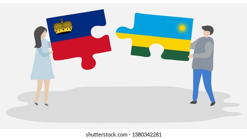 Couple holding two puzzles pieces with Liechtenstein and Rwandan flags. Liechtenstein and Rwanda national symbols together.