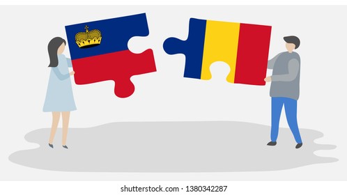 Couple holding two puzzles pieces with Liechtenstein and Romanian flags. Liechtenstein and Romania national symbols together.