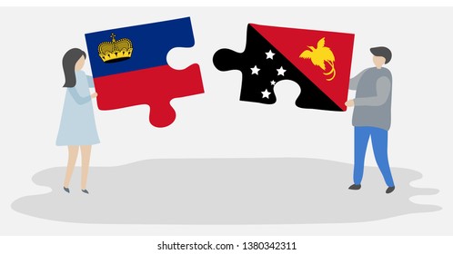 Couple holding two puzzles pieces with Liechtenstein and Papuan flags. Liechtenstein and Papua New Guinea national symbols together.