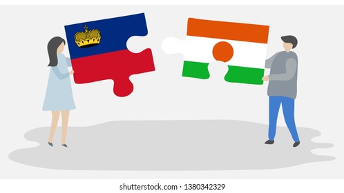 Couple holding two puzzles pieces with Liechtenstein and Nigerien flags. Liechtenstein and Niger national symbols together.