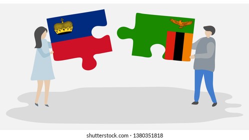 Couple holding two puzzles pieces with Liechtenstein and Zambian flags. Liechtenstein and Zambia national symbols together.