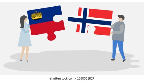 Couple holding two puzzles pieces with Liechtenstein and Norwegian flags. Liechtenstein and Norway national symbols together.