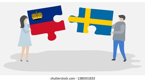 Couple holding two puzzles pieces with Liechtenstein and Swedish flags. Liechtenstein and Sweden national symbols together.