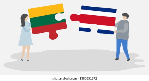 Couple holding two puzzles pieces with Lithuanian and Costa Rican flags. Lithuania and Costa Rica national symbols together.