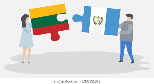 Couple holding two puzzles pieces with Lithuanian and Guatemalan flags. Lithuania and Guatemala national symbols together.