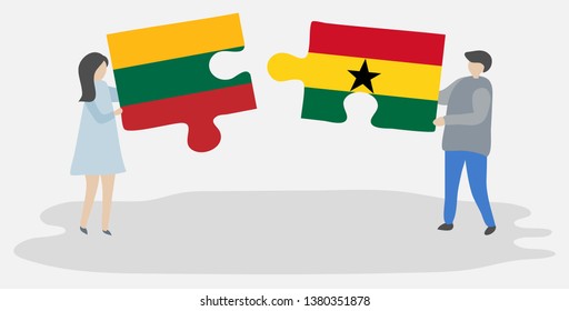 Couple holding two puzzles pieces with Lithuanian and Ghanaian flags. Lithuania and Ghana national symbols together.