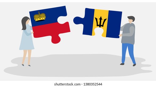 Couple holding two puzzles pieces with Liechtenstein and Barbadian flags. Liechtenstein and Barbados national symbols together.