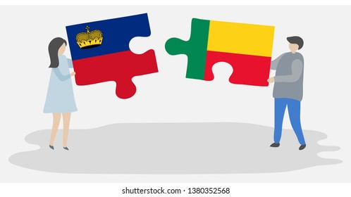 Couple holding two puzzles pieces with Liechtenstein and Beninese flags. Liechtenstein and Benin national symbols together.