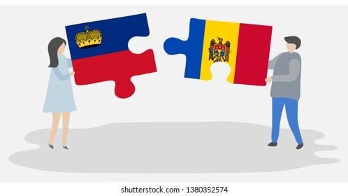 Couple holding two puzzles pieces with Liechtenstein and Moldovan flags. Liechtenstein and Moldova national symbols together.