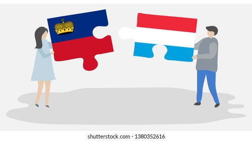 Couple holding two puzzles pieces with Liechtenstein and Luxembourgish flags. Liechtenstein and Luxembourg national symbols together.