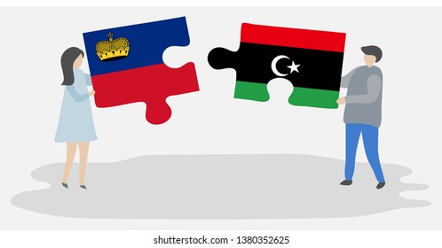Couple holding two puzzles pieces with Liechtenstein and Libyan flags. Liechtenstein and Libya national symbols together.