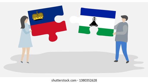 Couple holding two puzzles pieces with Liechtenstein and Basotho flags. Liechtenstein and Lesotho national symbols together.
