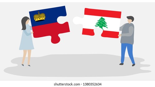 Couple holding two puzzles pieces with Liechtenstein and Lebanese flags. Liechtenstein and Lebanon national symbols together.