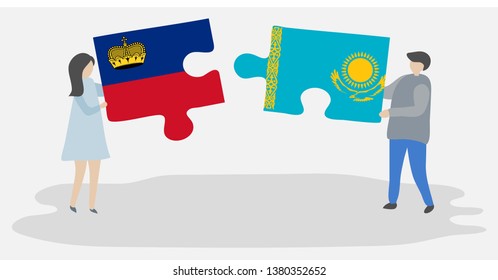 Couple holding two puzzles pieces with Liechtenstein and Kazakh flags. Liechtenstein and Kazakhstan national symbols together.