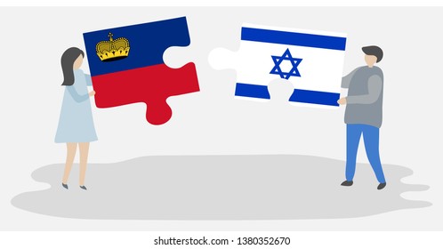 Couple holding two puzzles pieces with Liechtenstein and Israeli flags. Liechtenstein and Israel national symbols together.