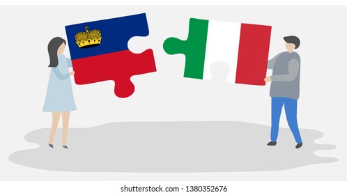 Couple holding two puzzles pieces with Liechtenstein and Italian flags. Liechtenstein and Italy national symbols together.