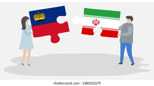 Couple holding two puzzles pieces with Liechtenstein and Iranian flags. Liechtenstein and Iran national symbols together.