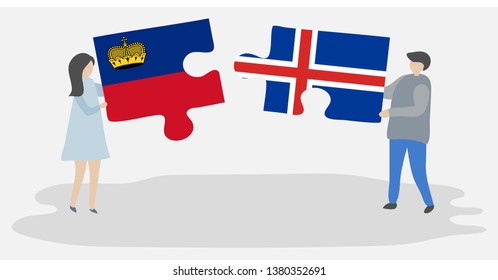 Couple holding two puzzles pieces with Liechtenstein and Icelandic flags. Liechtenstein and Iceland national symbols together.