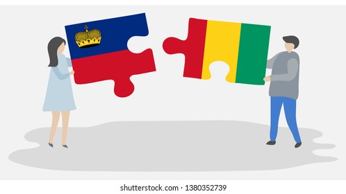 Couple holding two puzzles pieces with Liechtenstein and Guinean flags. Liechtenstein and Guinea national symbols together.