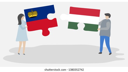 Couple holding two puzzles pieces with Liechtenstein and Hungarian flags. Liechtenstein and Hungary national symbols together.
