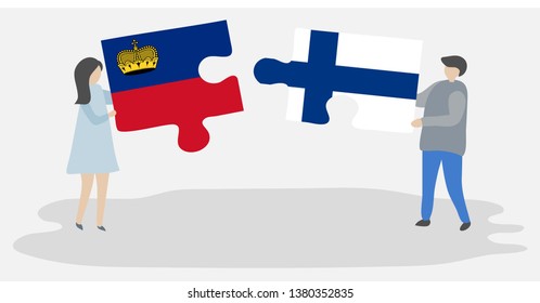 Couple holding two puzzles pieces with Liechtenstein and Finnish flags. Liechtenstein and Finland national symbols together.
