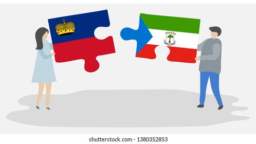 Couple holding two puzzles pieces with Liechtenstein and Equatorial Guinean flags. Liechtenstein and Equatorial Guinea national symbols together.