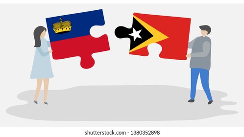 Couple holding two puzzles pieces with Liechtenstein and Timorese flags. Liechtenstein and East Timor national symbols together.