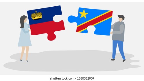 Couple holding two puzzles pieces with Liechtenstein and Congolese flags. Liechtenstein and Democratic Republic of the Congo national symbols together.