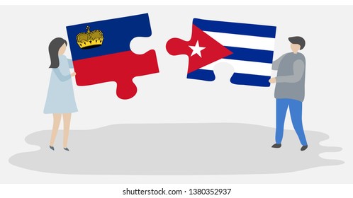 Couple holding two puzzles pieces with Liechtenstein and Cuban flags. Liechtenstein and Cuba national symbols together.