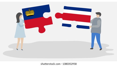 Couple holding two puzzles pieces with Liechtenstein and Costa Rican flags. Liechtenstein and Costa Rica national symbols together.